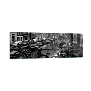Cuadro sobre vidrio - Impresiones sobre Vidrio - Canal con bicicletas en fotografía en blanco y negro - 160x50cm - Una visión muy holandesa - Decoración de pared moderna para salón y dormitorio ARTTOR