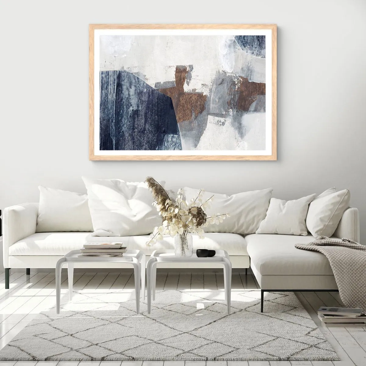 Póster en marco roble claro - Formas azules y marrones - 70x50 cm