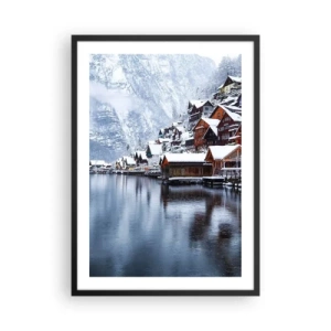 Póster en marco negro - Paisaje invernal de un pueblo de montaña junto al lago - 50x70cm - En un decorado de invierno - Decoración de pared moderna para salón y dormitorio ARTTOR
