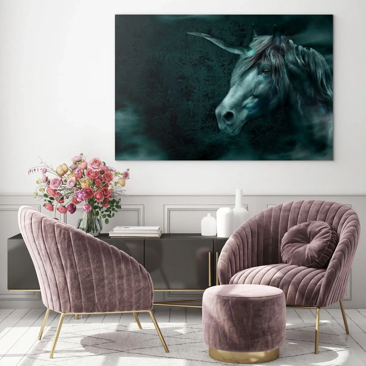 Cuadro sobre vidrio - Impresiones sobre Vidrio - Unicornio en el bosque misterioso - 70x50cm - En un bosque de cuento de hadas - Decoración de pared moderna para salón y dormitorio ARTTOR