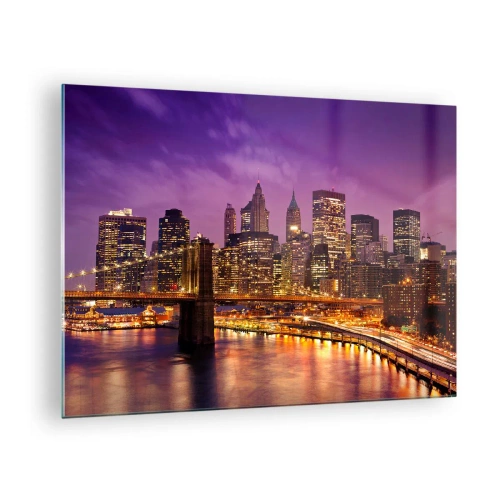 Cuadro sobre vidrio - Impresiones sobre Vidrio - Vista nocturna de Nueva York con el puente de Brooklyn - 70x50cm - Manhattan púrpura y dorado - Decoración de pared moderna para salón y dormitorio ARTTOR