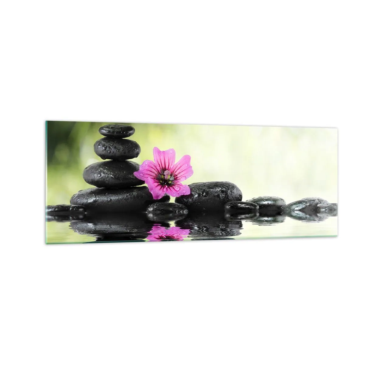 Cuadro sobre vidrio - Impresiones sobre Vidrio - Piedras zen y una flor rosa reflejada en el agua. - 140x50cm - Tiempo para el alma - Decoración de pared moderna para salón y dormitorio ARTTOR
