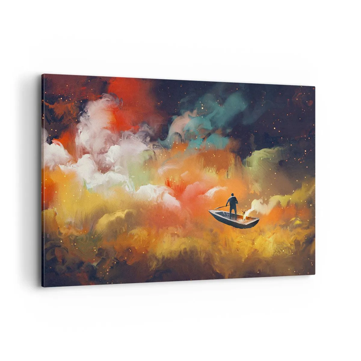 Cuadro sobre lienzo - Impresión de Imagen - Una figura en un barco contra un fondo de nubes de colores. - 100x70cm - En barco por la galaxia - Decoración de pared moderna para salón y dormitorio ARTTOR