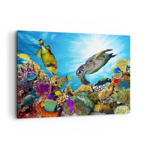 Cuadro sobre lienzo - Impresión de Imagen - Mundo submarino con peces de colores y una tortuga en el coral. - 100x70cm - Paseo del coral - Decoración de pared moderna para salón y dormitorio ARTTOR
