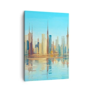 Cuadro sobre lienzo - Impresión de Imagen - Un panorama de la ciudad en colores cálidos con reflejo en el agua. - 50x70cm - Metrópolis soleada - Decoración de pared moderna para salón y dormitorio ARTTOR