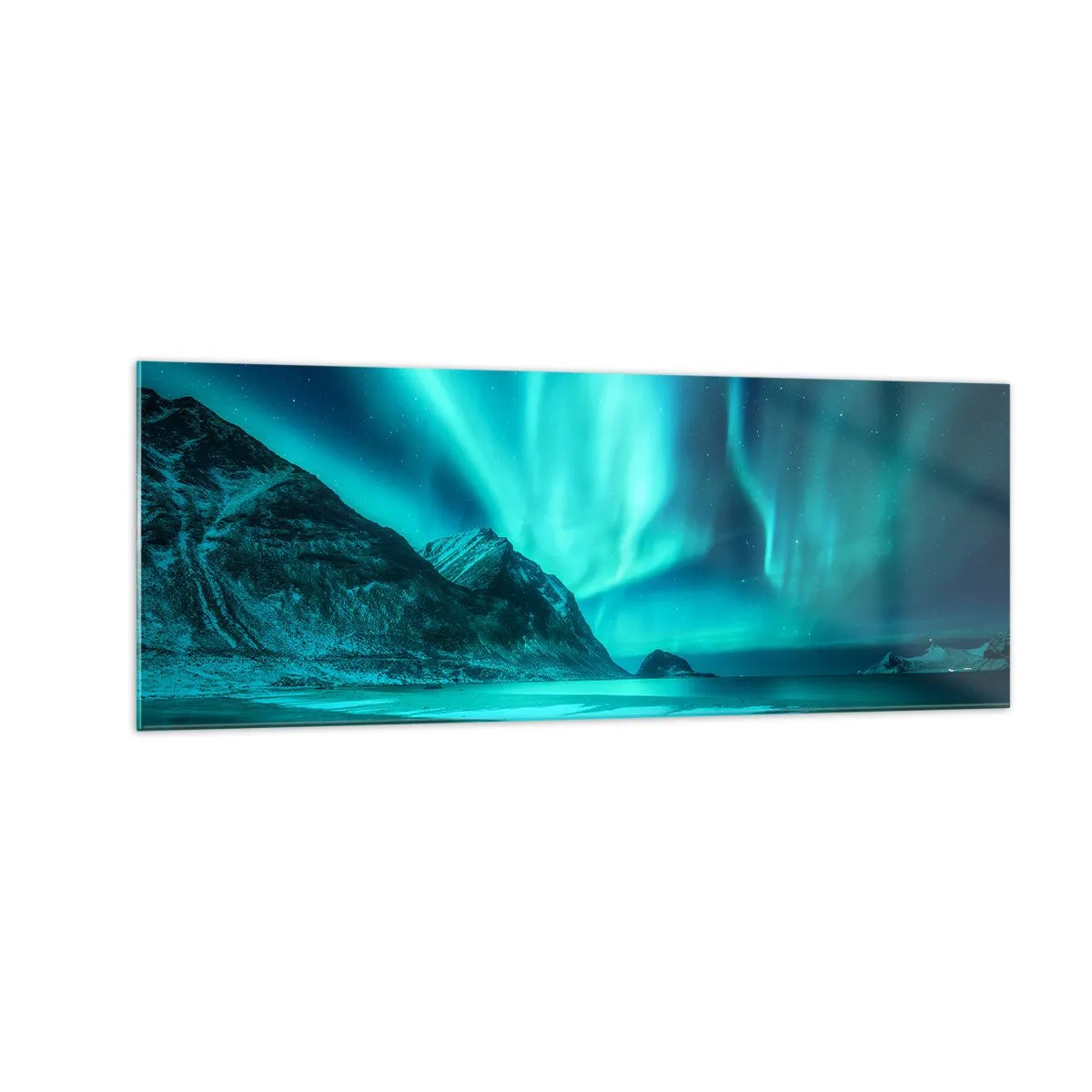 Cuadro sobre vidrio - Impresiones sobre Vidrio - Aurora boreal sobre un paisaje invernal montañoso - 140x50cm - Maravillas del norte - Decoración de pared moderna para salón y dormitorio ARTTOR