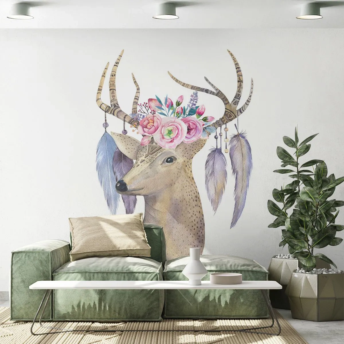 Fotomural Premium Sand - Ciervo estilo boho con flores y plumas en las astas. - 100x70cm - Guía del alma - gentil, inocente - Decoración de pared moderna para salón y dormitorio ARTTOR