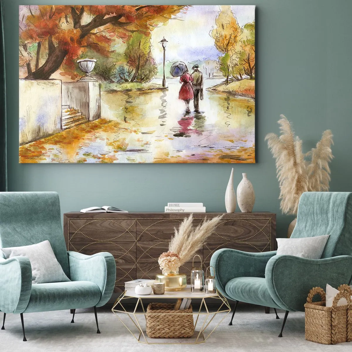 Cuadro sobre lienzo - Impresión de Imagen - Un paseo por el parque de otoño con un paraguas. - 70x50cm - Un otoño romántico en el parque - Decoración de pared moderna para salón y dormitorio ARTTOR