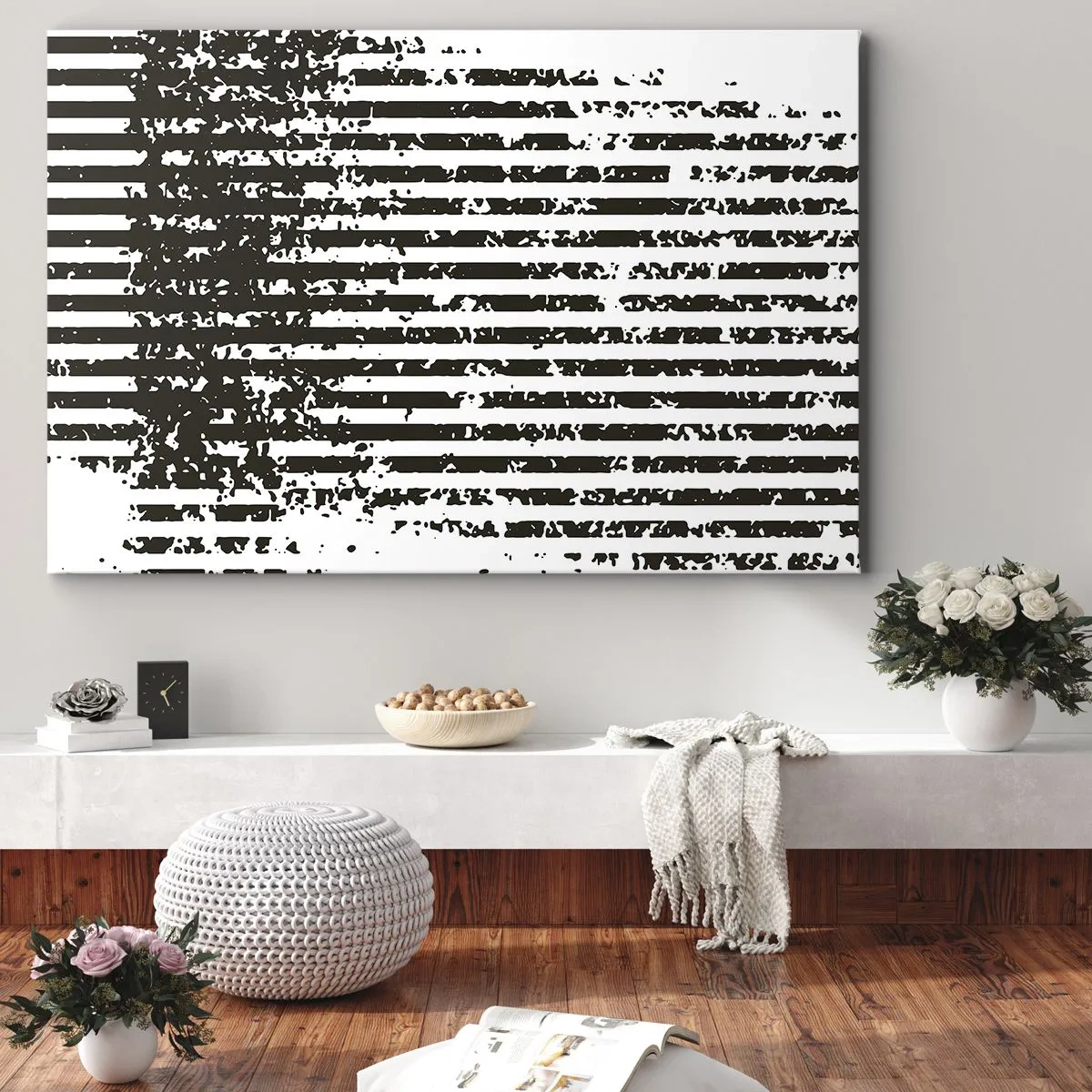 Cuadro sobre lienzo - Impresión de Imagen - Líneas abstractas con efecto desgastado en blanco y negro. - 70x50cm - Ritmo y ruido - Decoración de pared moderna para salón y dormitorio ARTTOR