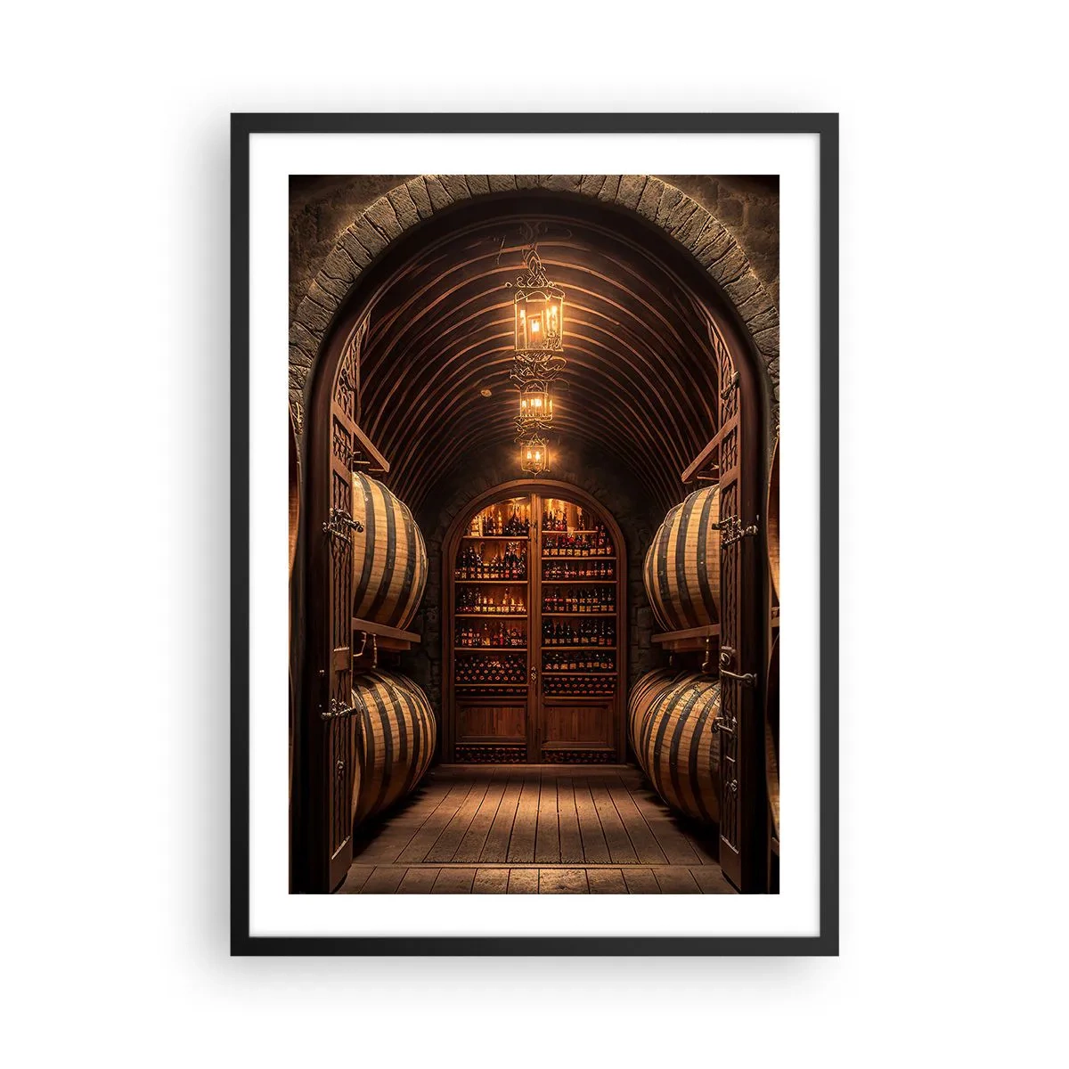 Póster en marco negro - Elegante bodega con barricas de madera. - 50x70cm - Sótano atmosférico - Decoración de pared moderna para salón y dormitorio ARTTOR