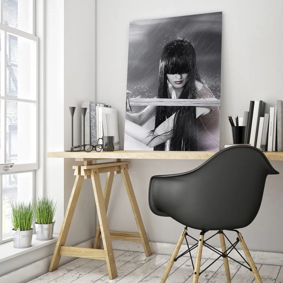 Cuadro sobre vidrio - Impresiones sobre Vidrio - Una mujer con una espada bajo la lluvia sobre un fondo monocromático. - 50x70cm - Hermosa y peligrosa - Decoración de pared moderna para salón y dormitorio ARTTOR