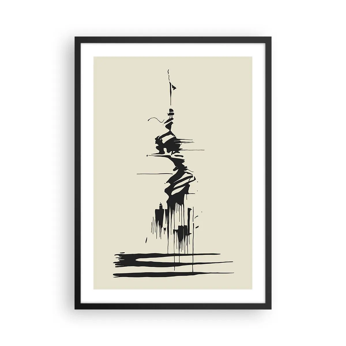 Póster en marco negro - Un dibujo abstracto de una figura sobre un fondo de líneas onduladas. - 50x70cm - Abstracción apresurada - Decoración de pared moderna para salón y dormitorio ARTTOR