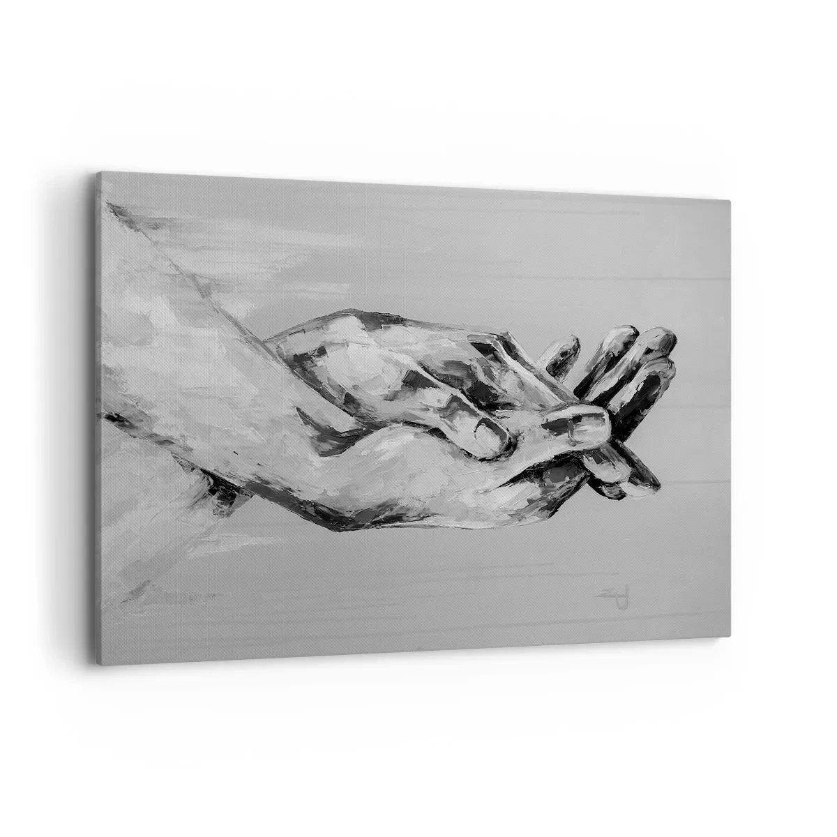 Cuadro sobre lienzo - Impresión de Imagen - Una composición en blanco y negro de dos manos entrelazadas sobre un fondo claro. - 120x80cm - El comienzo... - Decoración de pared moderna para salón y dormitorio ARTTOR