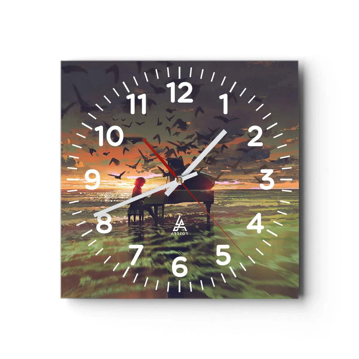Reloj de pared - Reloj de vidrio - Concierto de piano y olas - 30x30 cm