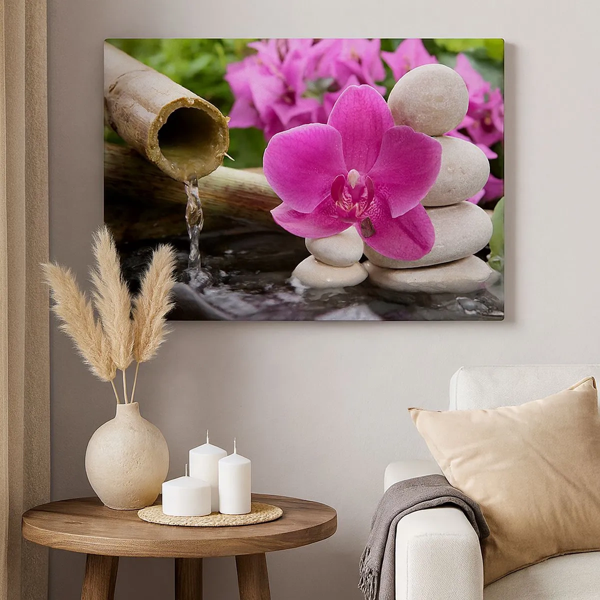 Cuadro sobre lienzo - Impresión de Imagen - Orquídea morada, piedras y bambú con agua en un entorno relajante. - 70x50cm - Ya estás descansando - Decoración de pared moderna para salón y dormitorio ARTTOR