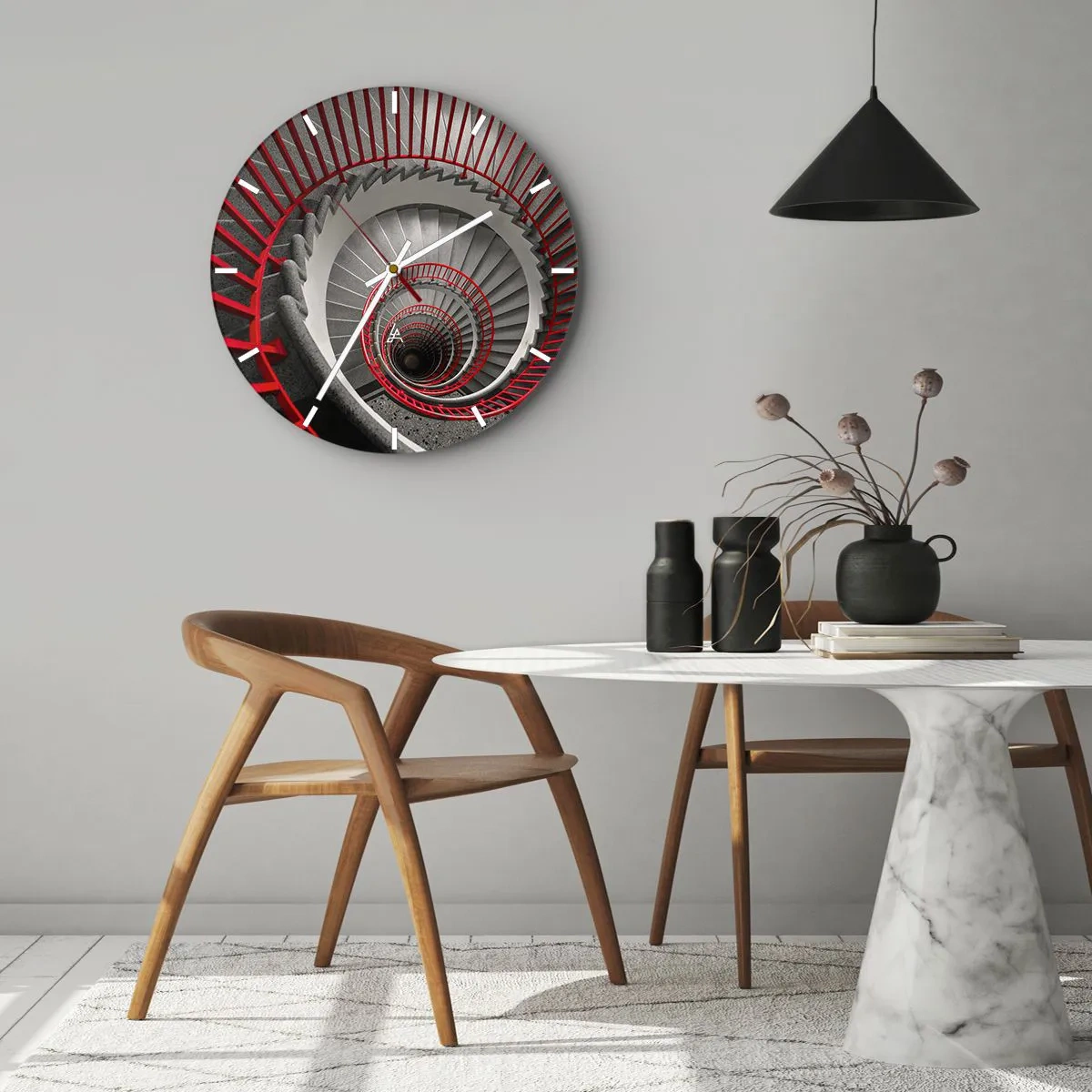 Reloj de pared - Reloj de vidrio - Perspectiva de la escalera de caracol con pasamanos rojos. - 30x30cm - Juegos arquitectónicos - Decoración de pared moderna para salón, cocina y dormitorio ARTTOR