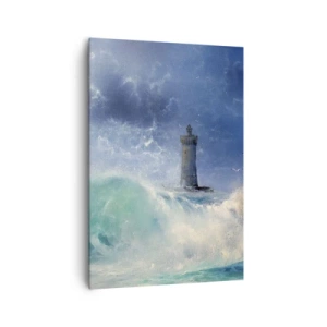 Cuadro sobre lienzo - Impresión de Imagen - Un faro rodeado de fuertes olas y nubes. - 70x100cm - En guardia contra los elementos - Decoración de pared moderna para salón y dormitorio ARTTOR