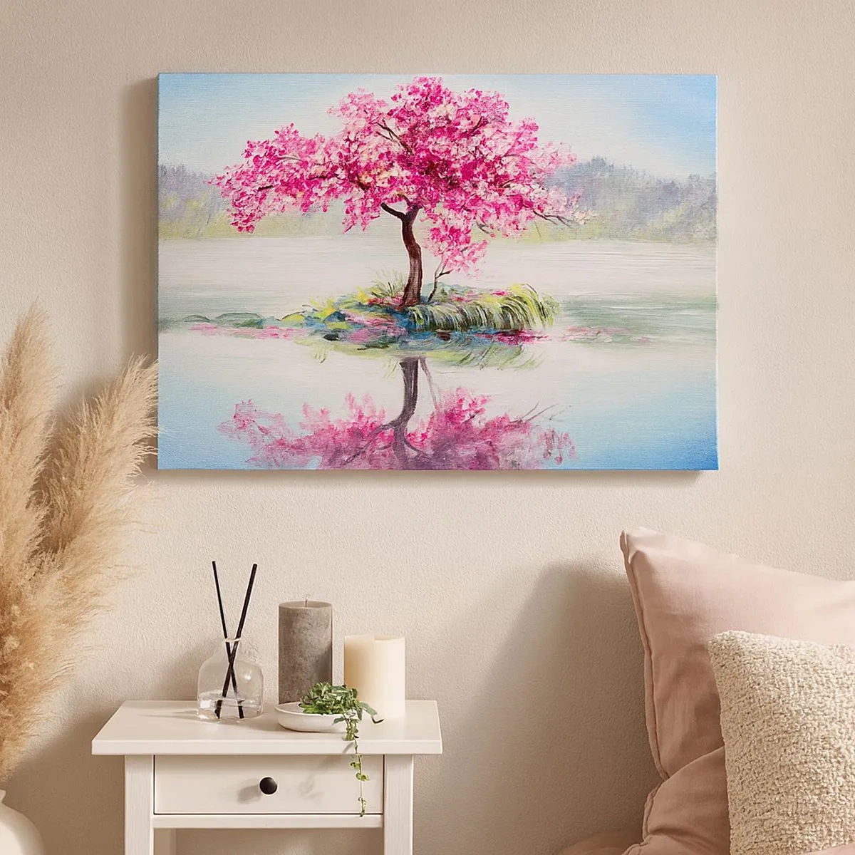 Cuadro sobre lienzo - Impresión de Imagen - Un árbol en flor en aguas tranquilas - 70x50cm - Una celebración de la primavera - Decoración de pared moderna para salón y dormitorio ARTTOR