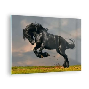 Cuadro sobre vidrio - Impresiones sobre Vidrio - Un caballo oscuro en un salto dinámico contra un cielo nublado. - 70x50cm - Hermoso y libre - Decoración de pared moderna para salón y dormitorio ARTTOR