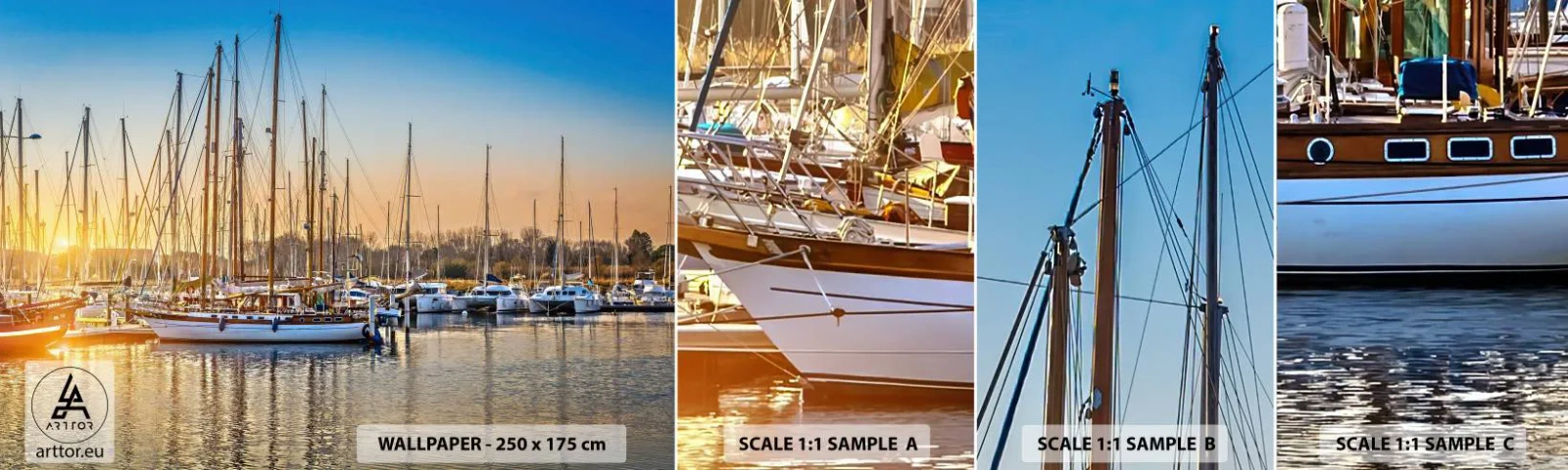 Muestra de fotomural autoadhesivo Deluxe Sticker - El viento debe dormir también - Paisaje, Puerto pequeño, Velero - 100x30 cm