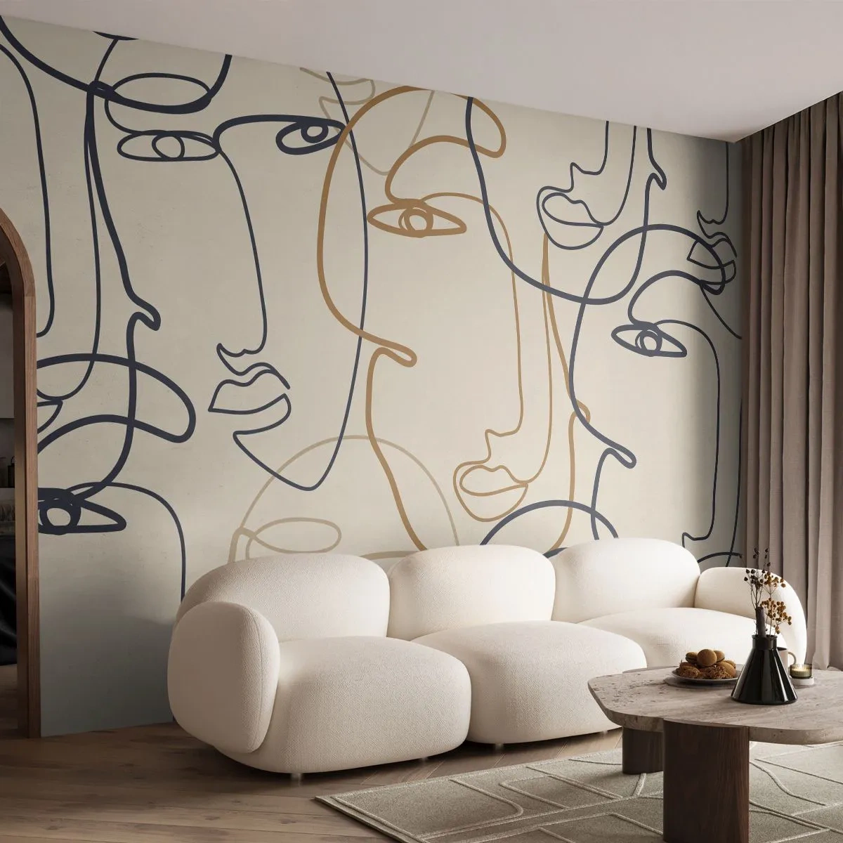 Fotomural Premium Sand - Rostros de contorno dibujados con una línea - 100x70cm - Retrato multiplicado - Decoración de pared moderna para salón y dormitorio ARTTOR