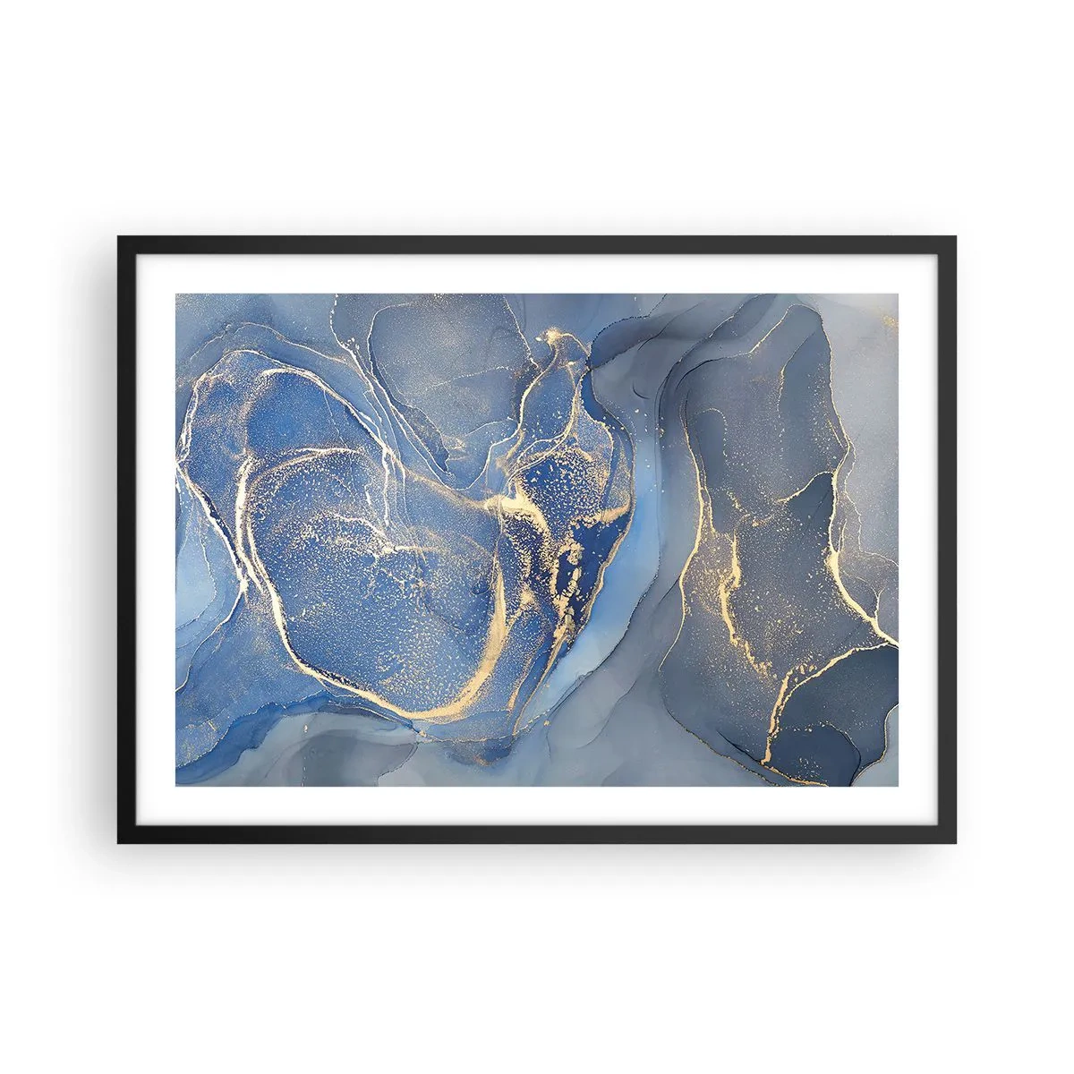 Póster en marco negro - Patrones abstractos azules con acentos dorados - 70x50cm - Polvo de oro - Decoración de pared moderna para salón y dormitorio ARTTOR