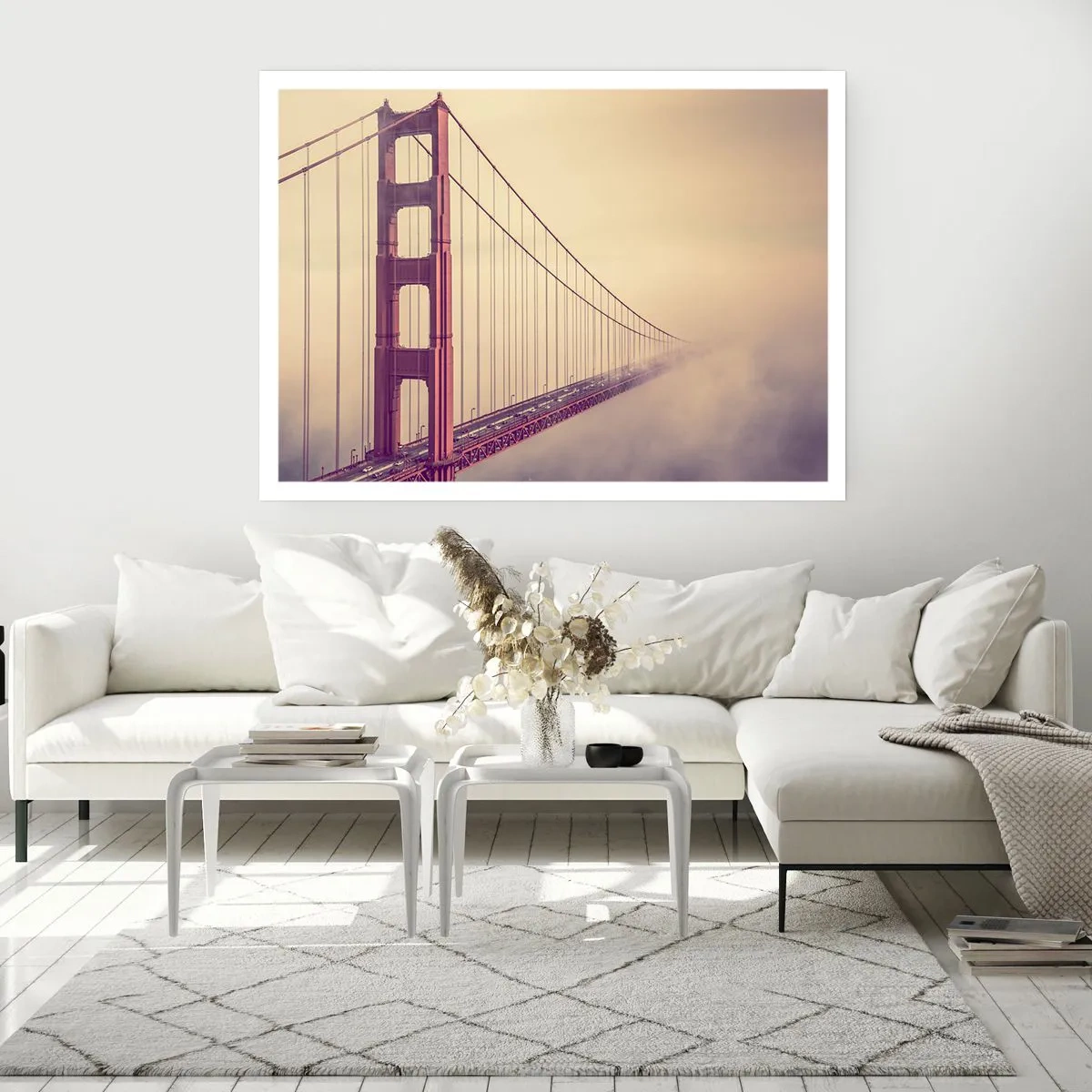 Póster - Un puente en la niebla en tonos pastel, símbolo de elegancia y paz. - 100x70cm - Entre el cielo y la tierra - Decoración de pared moderna para salón y dormitorio ARTTOR