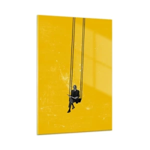 Cuadro sobre vidrio - Impresiones sobre Vidrio - Una figura en un columpio colgando sobre un fondo amarillo. - 50x70cm - Un día como cualquier otro - Decoración de pared moderna para salón y dormitorio ARTTOR