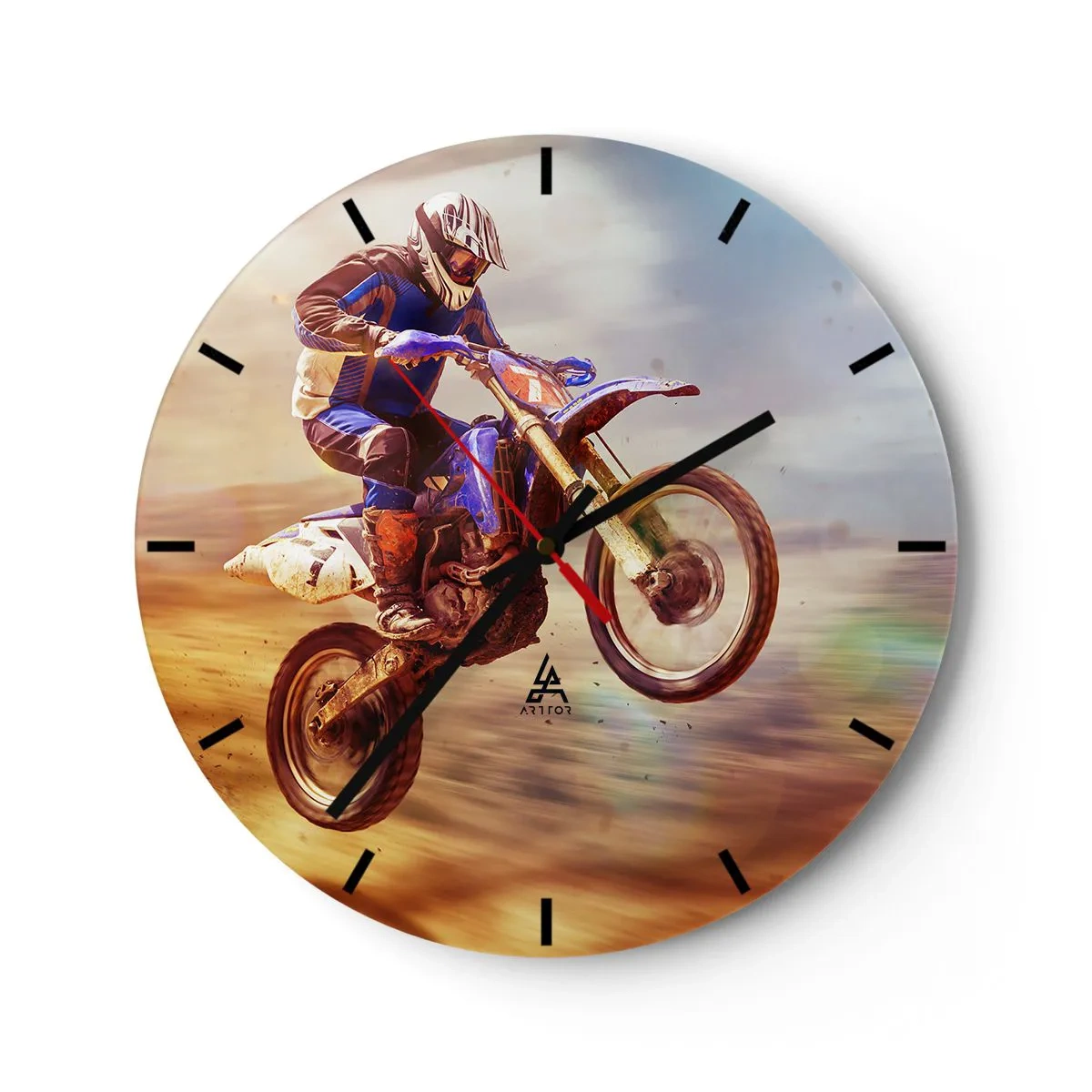 Reloj de pared - Reloj de vidrio - Un piloto en una moto de motocross en una toma dinámica. - 30x30cm - Vértigo sobre dos ruedas - Decoración de pared moderna para salón, cocina y dormitorio ARTTOR