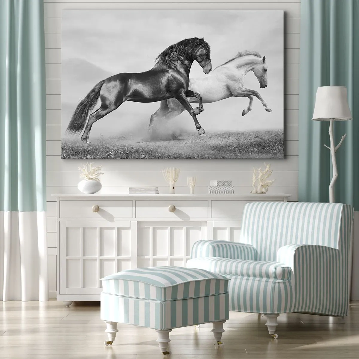 Cuadro sobre lienzo - Impresión de Imagen - Dos caballos al galope en una composición dinámica en blanco y negro - 100x70cm - Ángeles y demonios - Decoración de pared moderna para salón y dormitorio ARTTOR