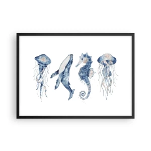 Póster en marco negro - Medusa, ballena y caballito de mar en estilo acuarela. - 70x50cm - Fauna marina - Decoración de pared moderna para salón y dormitorio ARTTOR