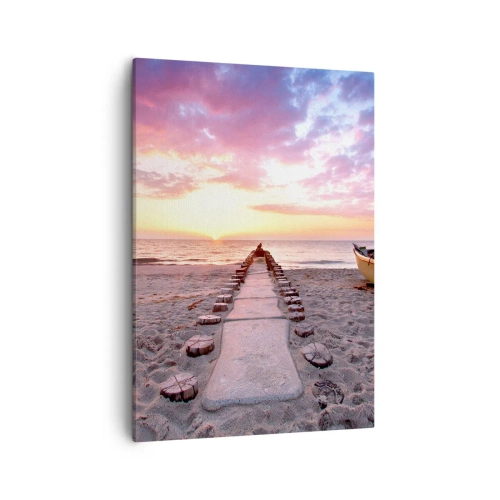 Cuadro sobre lienzo - Impresión de Imagen - Playa al amanecer con barco y muelle - 50x70cm - Un momento de profunda experiencia - Decoración de pared moderna para salón y dormitorio ARTTOR