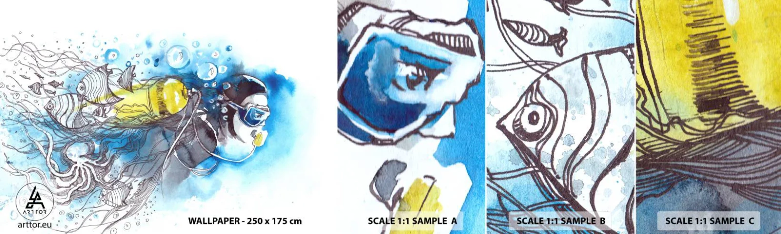 Muestra de fotomural autoadhesivo Deluxe Sticker - Sumergirse en lo desconocido - Buceo, Pez, Deporte - 100x30 cm