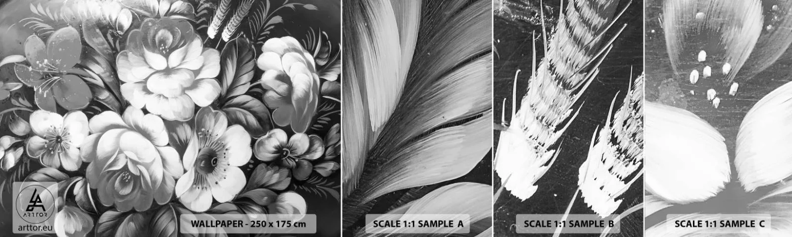 Muestra de fotomural autoadhesivo Deluxe Sticker - Hermoso incluso en el gris - Abstracción, flores, Pedazo - 100x30 cm