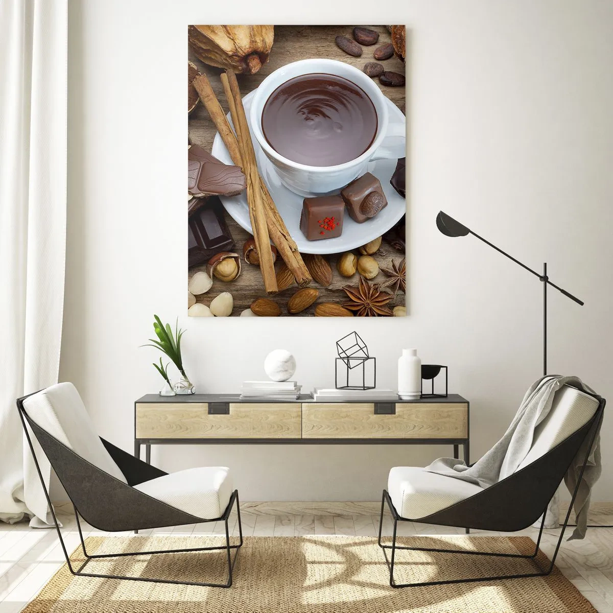 Cuadro sobre vidrio - Impresiones sobre Vidrio - Una taza de chocolate caliente con aderezos sobre un fondo rústico. - 50x70cm - Chocolate de ensueño - Decoración de pared moderna para salón y dormitorio ARTTOR