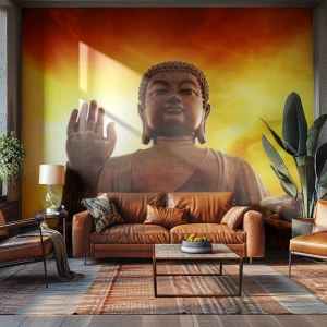Fotomural Premium Sand - Una estatua de Buda con el telón de fondo de una puesta de sol dorada. - 100x70cm - La calma del mundo - Decoración de pared moderna para salón y dormitorio ARTTOR