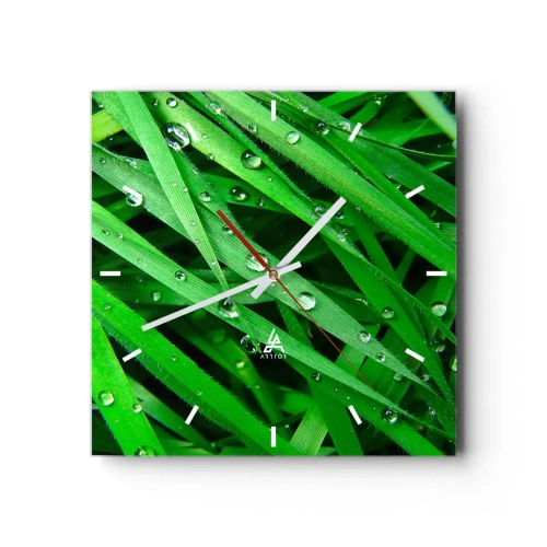 Reloj de pared - Reloj de vidrio - Primer plano de hojas verdes de hierba con gotas de rocío - 30x30cm - Jugar al verde - Decoración de pared moderna para salón y dormitorio ARTTOR