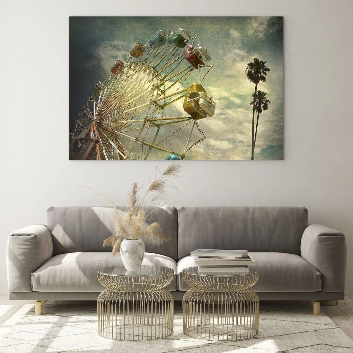 Cuadro sobre vidrio - Impresiones sobre Vidrio - Una noria contra el cielo y palmeras en estilo retro. - 70x50cm - Será, será un día estupendo.... - Decoración de pared moderna para salón y dormitorio ARTTOR
