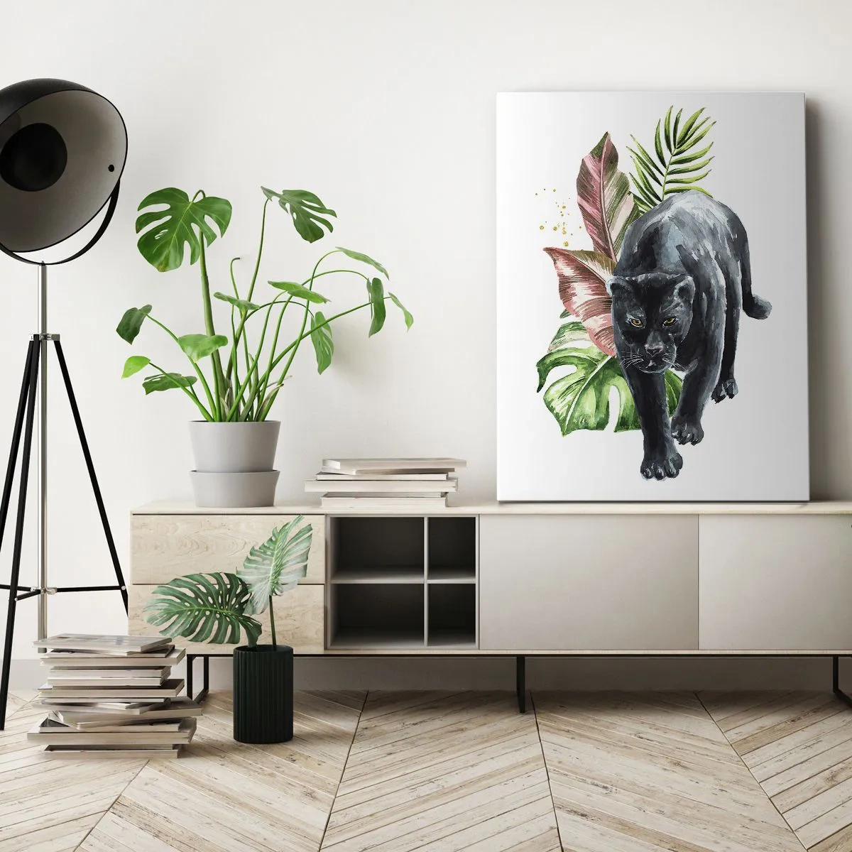 Cuadro sobre lienzo - Impresión de Imagen - Pantera negra rodeada de hojas tropicales - 50x70cm - Salvaje de corazón - Decoración de pared moderna para salón y dormitorio ARTTOR