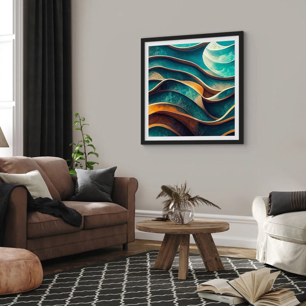 Póster en marco negro - Meandros de azul - 30x30 cm