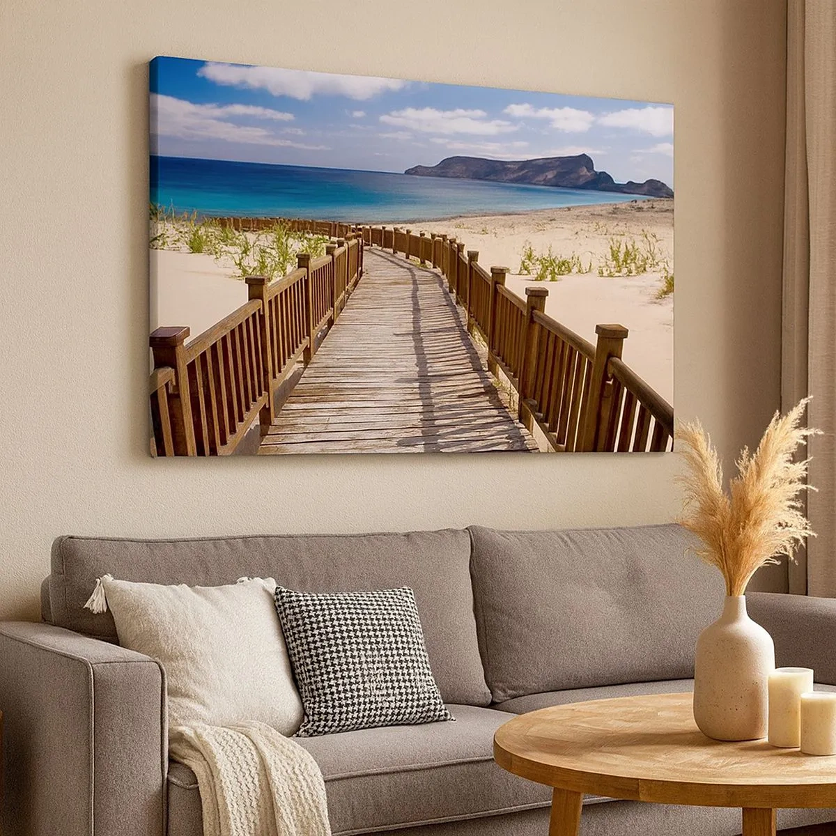 Cuadro sobre lienzo - Impresión de Imagen - Camino de madera que conduce a la playa con vistas al mar. - 70x50cm - Llévame a la isla de la felicidad - Decoración de pared moderna para salón y dormitorio ARTTOR