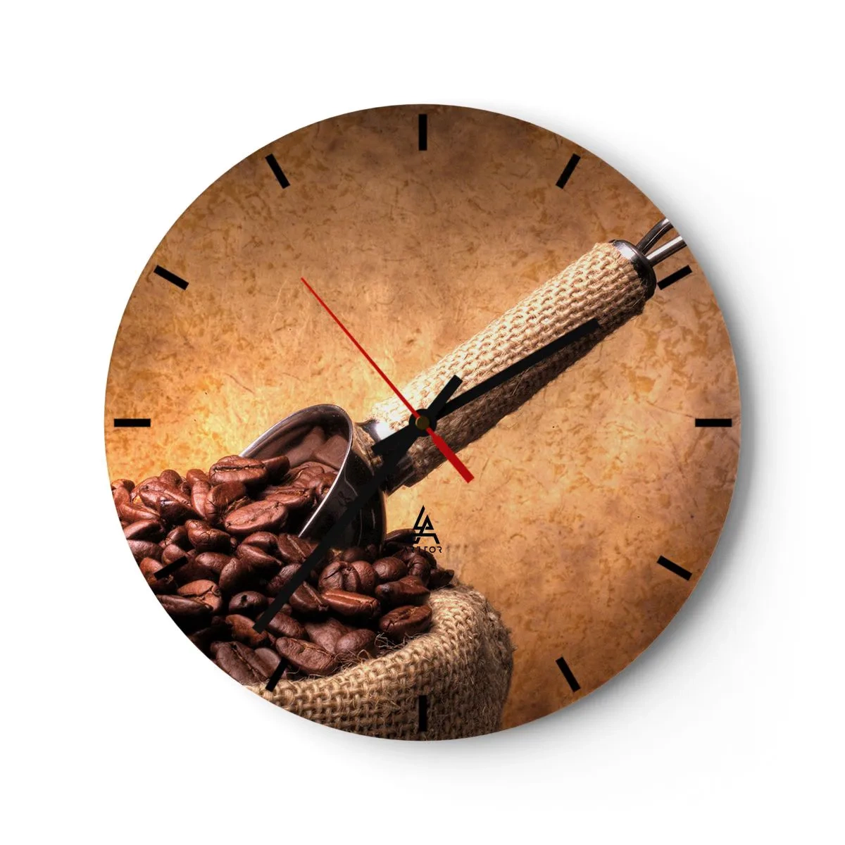 Reloj de pared - Reloj de vidrio - Granos de café en una bolsa con una taza medidora sobre un fondo marrón - 30x30cm - En la fuente del sabor - Decoración de pared moderna para salón, cocina y dormitorio ARTTOR