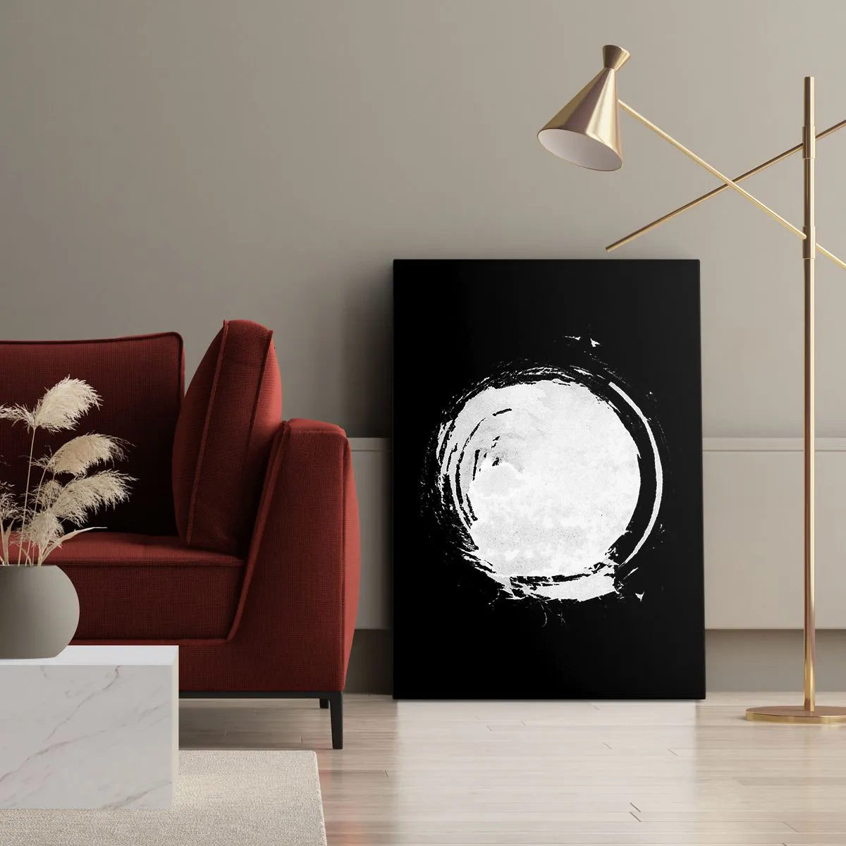 Cuadro sobre lienzo - Impresión de Imagen - Un círculo blanco sobre un fondo negro en estilo minimalista. - 70x100cm - La buena salida - Decoración de pared moderna para salón y dormitorio ARTTOR