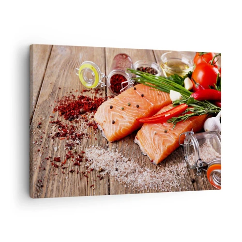 Cuadro sobre lienzo - Impresión de Imagen - Filetes de salmón con especias sobre fondo de madera. - 70x50cm - Una aventura noruega en la cocina - Decoración de pared moderna para salón y dormitorio ARTTOR