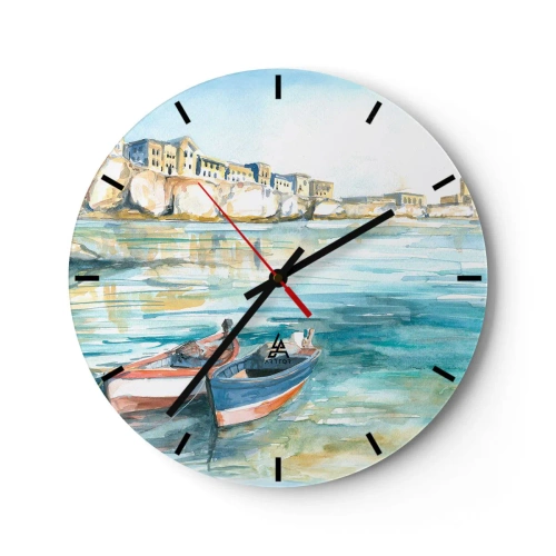Reloj de pared - Reloj de vidrio - Una vista de acuarela de barcos en la orilla con edificios en el fondo. - 30x30cm - Paisaje en azul - Decoración de pared moderna para salón, cocina y dormitorio ARTTOR