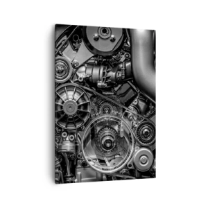 Cuadro sobre lienzo - Impresión de Imagen - Primer plano en blanco y negro de los detalles mecánicos de un motor de automóvil. - 50x70cm - La poesía de la mecánica - Decoración de pared moderna para salón y dormitorio ARTTOR