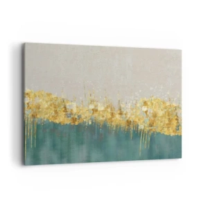 Cuadro sobre lienzo - Impresión de Imagen - Acentos dorados sobre un fondo verde-beige. - 100x70cm - La frontera dorada - Decoración de pared moderna para salón y dormitorio ARTTOR