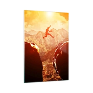 Cuadro sobre vidrio - Impresiones sobre Vidrio - Una figura saltando entre rocas con montañas al fondo. - 70x100cm - Pasando el límite - Decoración de pared moderna para salón y dormitorio ARTTOR