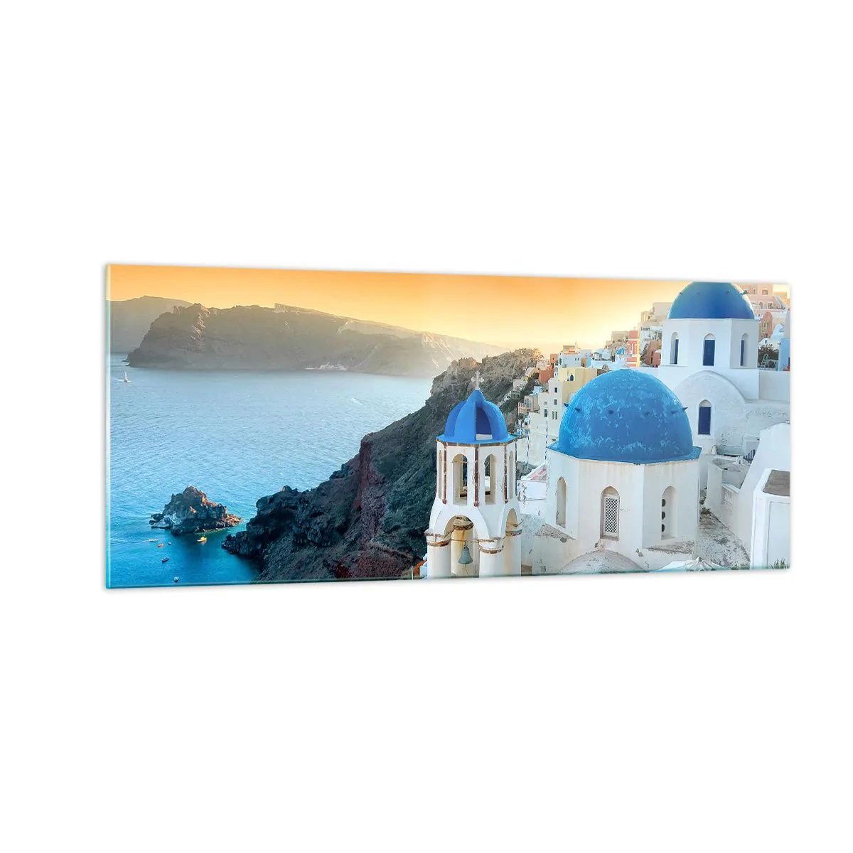 Cuadro sobre vidrio - Impresiones sobre Vidrio - Santorini - el abrazo a las rocas - 100x40 cm