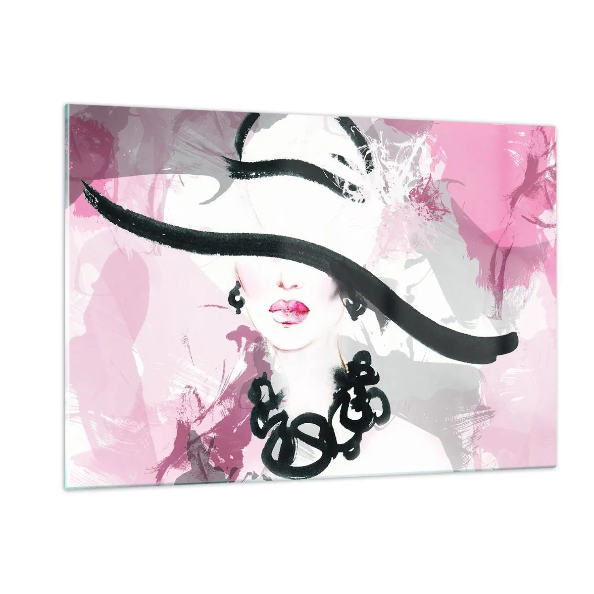 Cuadro sobre vidrio - Impresiones sobre Vidrio - Retrato de una mujer con un sombrero negro sobre un fondo rosa. - 120x80cm - Retrato de una dama en negro y rosa - Decoración de pared moderna para salón y dormitorio ARTTOR